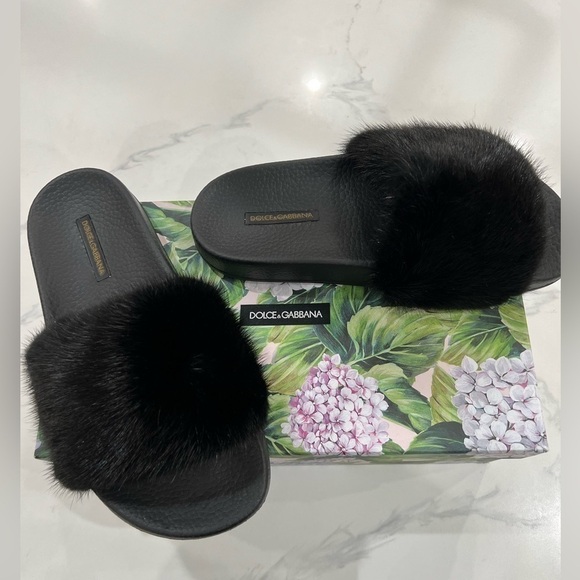 DOLCE & GABBANA Black REAL MINK FUR & RUBBER SLIDES CIABATTA SAINT BARTH sz 38 - Picture 2 of 10